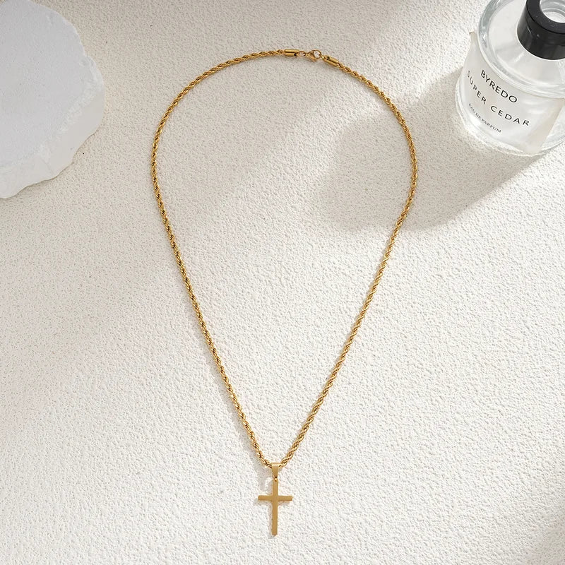 Minimalist Stainless Steel Cross Pendant Necklace for Men Women Gold & Red Brown Variants