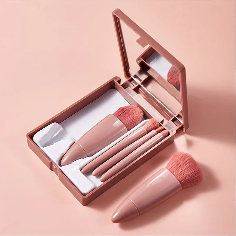 5-Piece Makeup Brush Set with Mirror and Travel Case - Includes Blush, Eyeshadow, Loose Brushes
