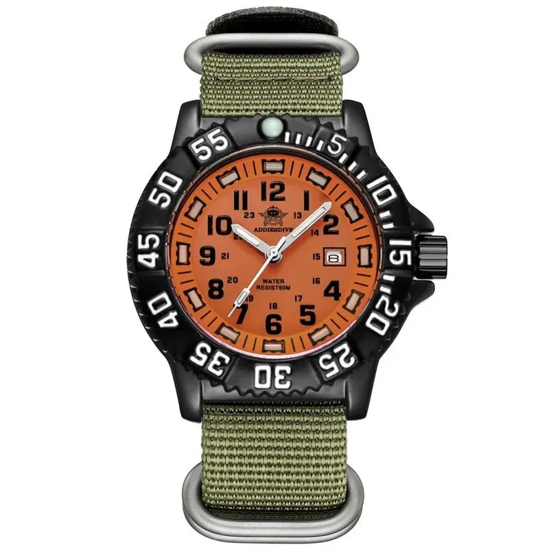 Men's Military Style Waterproof Sports Watch with Luminous Dial and Steel Strap