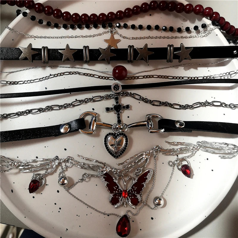 Gothic Y2K Butterfly Heart Cross Pendant Necklace with Charms for Women - Aesthetic Grunge Jewelry