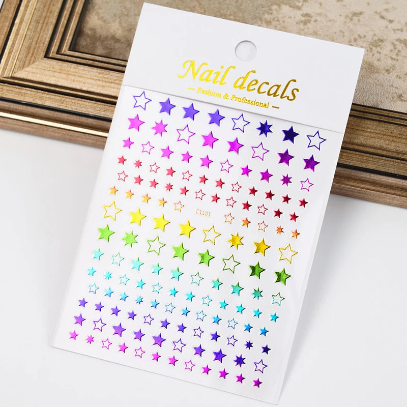 Black White Star 3D Nail Art Sticker Set with Laser Shine Glitter for Manicure - Multiple Colors
