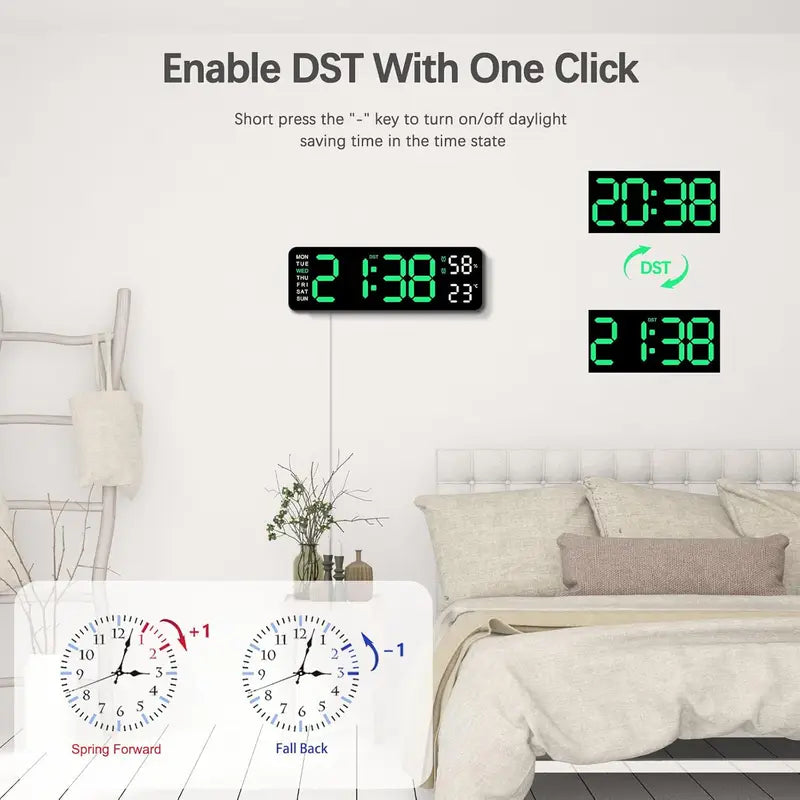 10-Inch Digital Wall & Desk Clock with Alarm, Thermometer, Calendar & Night Light