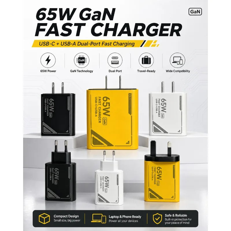 65W GAN Multi-Port Travel Charger Kit with UK EU US Plugs & 1M Braided USB-C Cable