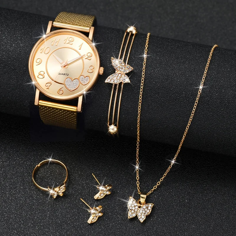 Fashion Women's Heart Watch Set with Jewelry - Plastic Band, Gold, 6 Pieces