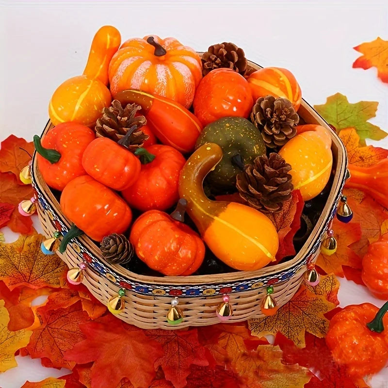 Thanksgiving Artificial Pumpkin Set with Leaves Acorns & Pine Cones for Autumn Decor