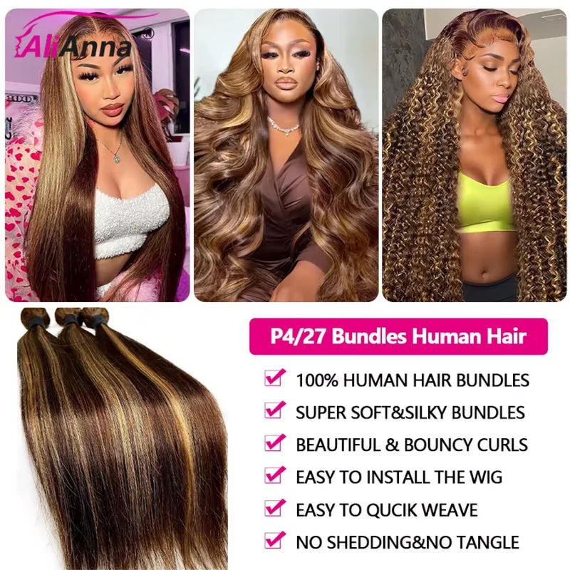 Highlight Human Hair Bundles & Weaves - 12-26 Inch Blonde Ombre, No Shedding, High Quality