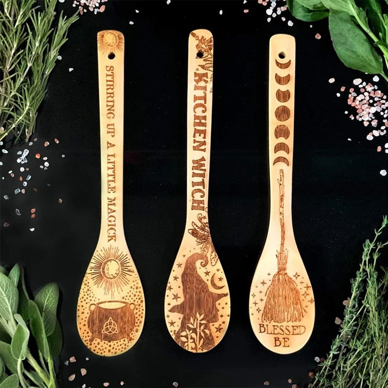 Halloween Witchy Bamboo Wooden Spoon Set - Eco-Friendly Kitchen Utensils - 3 Pieces with Mystical Engraved Designs