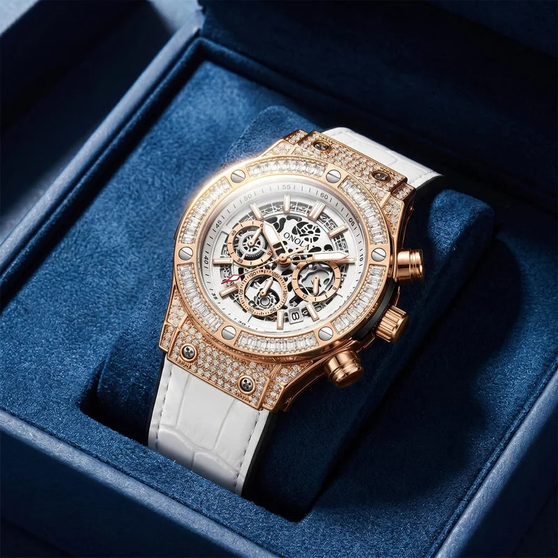 ONOLA Men's Skeleton Diamond Bezel Chronograph Watch with Red Leather Strap Waterproof