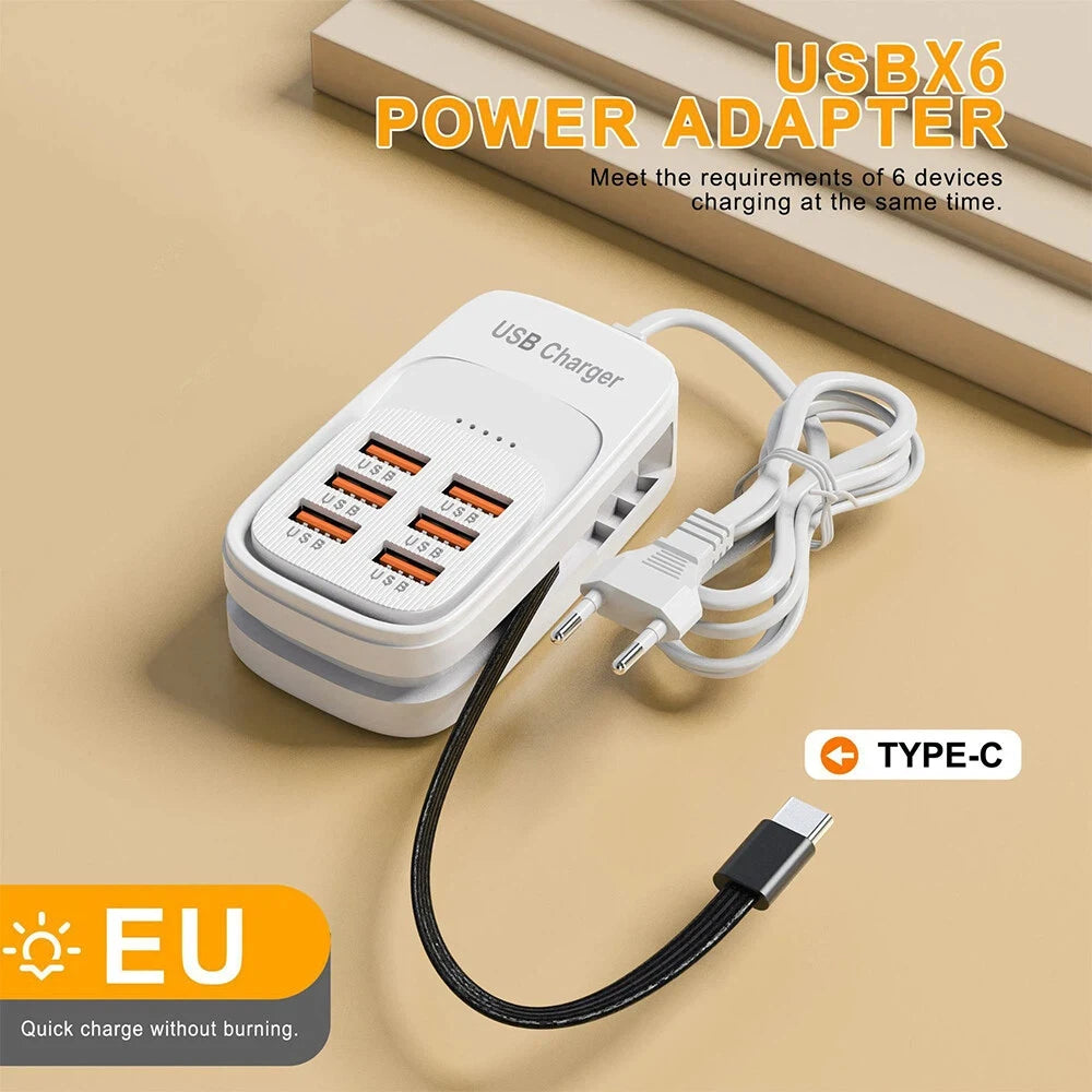 6-in-1 USB Charging Station Power Strip with EU/UK/US Plugs — Fast Charging Hub