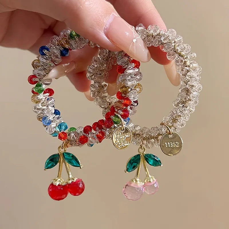 Colorful Crystal Cherry Hair Rope & Headband Set - Elastic Hair Accessories for Women