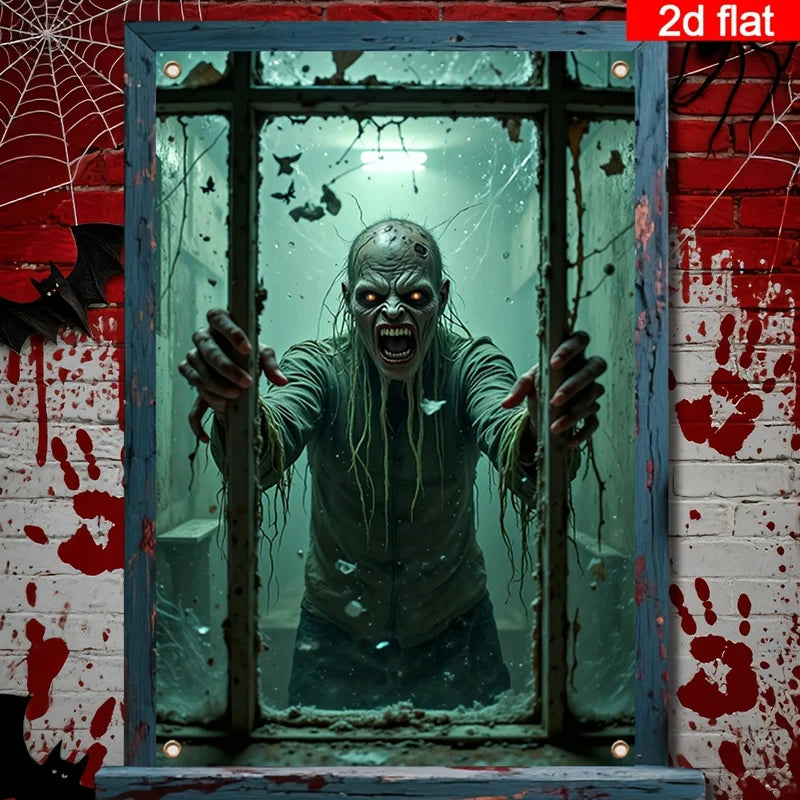 Halloween Window Banner with Zombie Hands & Cracked Glass Design - Polyester Decoration