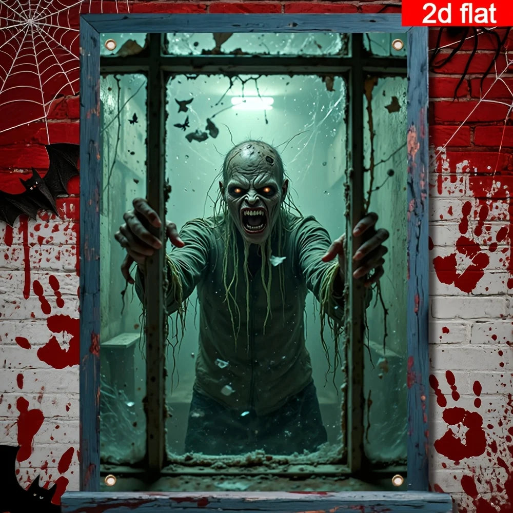 Halloween Window Banner with Zombie Hands & Cracked Glass Design - Polyester Decoration