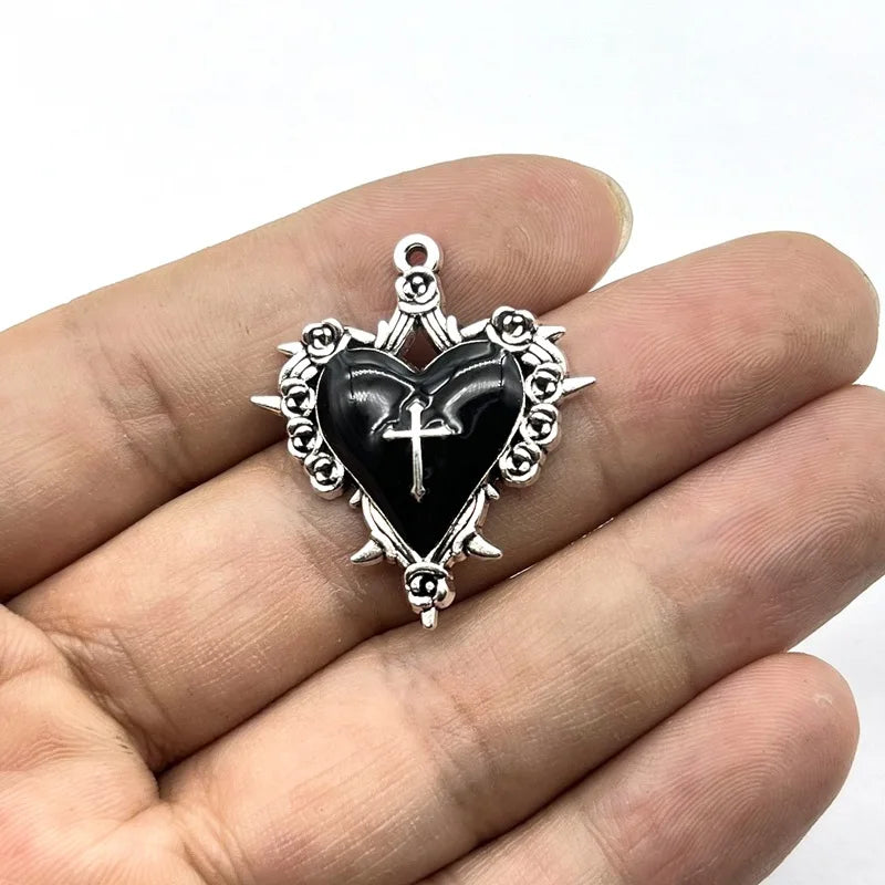 Dark Style Thorn Rose Cross Heart Charms for Jewelry Making - 6pcs Enamel Pendants