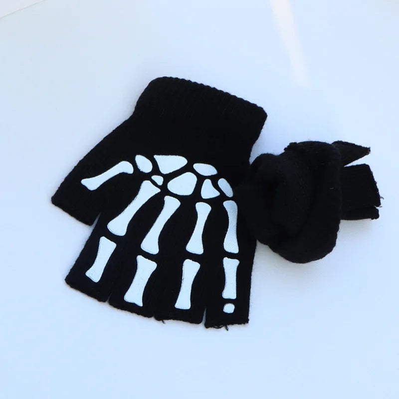 Luminous Skeleton Half Finger Gloves for Halloween Costume Black Knitted Fingerless Gloves Skull Accessory