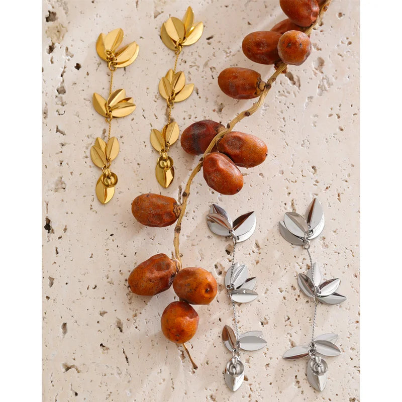 Long Leaf Drop Dangle Earrings - Stylish Handmade Metal Jewelry