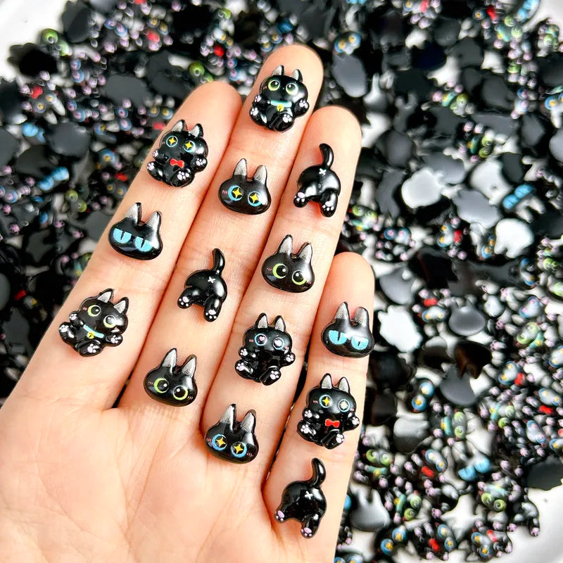 30PCS Kawaii Black Cat Resin Nail Charms Luminous Nail Art Decorations