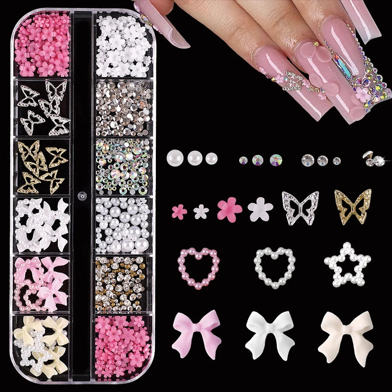 24-Piece Y2K Millennial Nail Art Decoration Set with Rhinestones Pearls & Charms