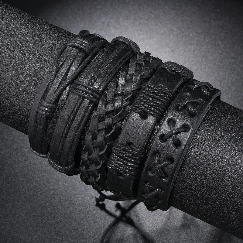 5pcs Unisex Punk Rock Leather Braid Bracelets - Adjustable & Stylish