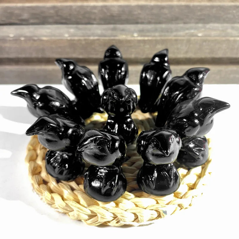 Natural Obsidian Bird Carving Ornament - Holiday Crystal Decor Gift