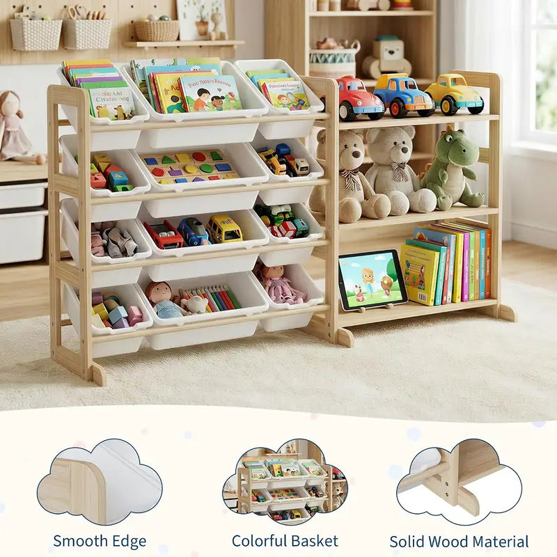 Kids Toy Storage Organizer with 12 Bins and Open Shelves - 56-Inch Wooden Bookcase