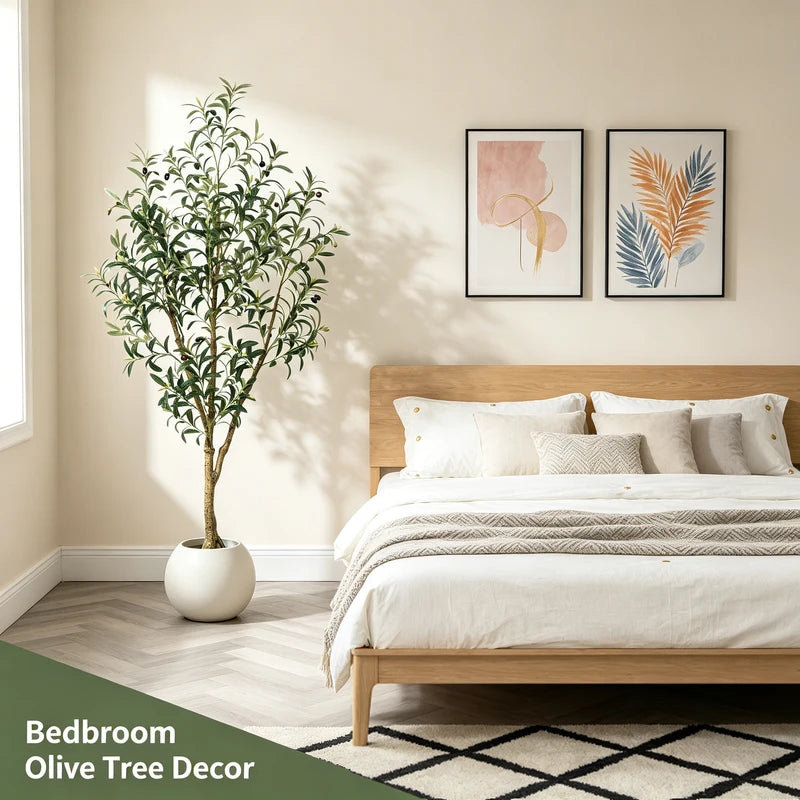 Artificial Olive Tree Indoor Floor Plant - 5.25FT, 6.10FT, 7.10FT Tall Faux Tree with Natural Trunk and Lifelike Fruits