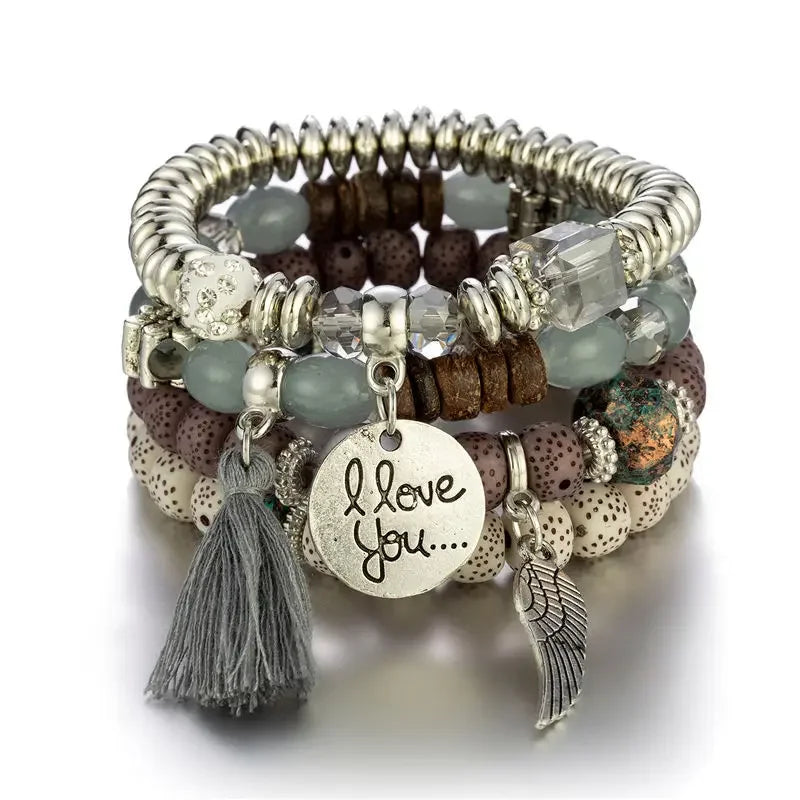 Bohemian Beaded Bracelet Set for Women with Letter, Wing, Tassel Charms, Elastic Chain Bangles, Boho Jewelry