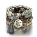 Bohemian Beaded Bracelet Set for Women with Letter, Wing, Tassel Charms, Elastic Chain Bangles, Boho Jewelry