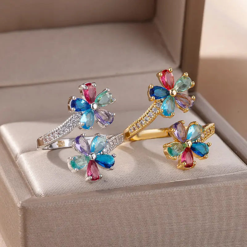 Colored Zircon Double Flower Ring for Women Gold Plated Stainless Steel Wedding Jewelry Gift