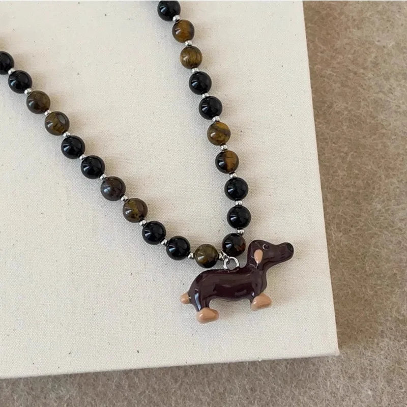 Natural Stone Tiger Eye Dog Pendant Necklace for Women Girls
