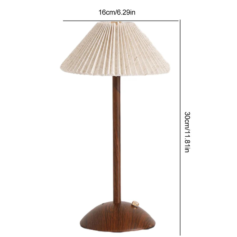 Portable LED Desk Lamp with Wooden Base and Fabric Shade - Rechargeable, Dimmable, Touch Control - Home Office Bedside