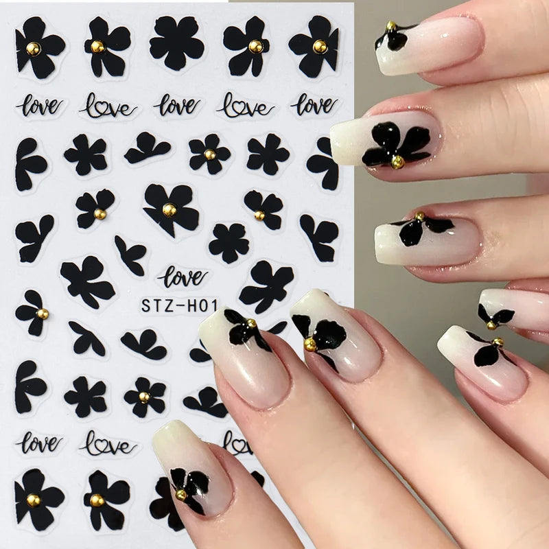 2pcs Black Flower Nail Stickers with Gold Beads - Easy Manicure Decor