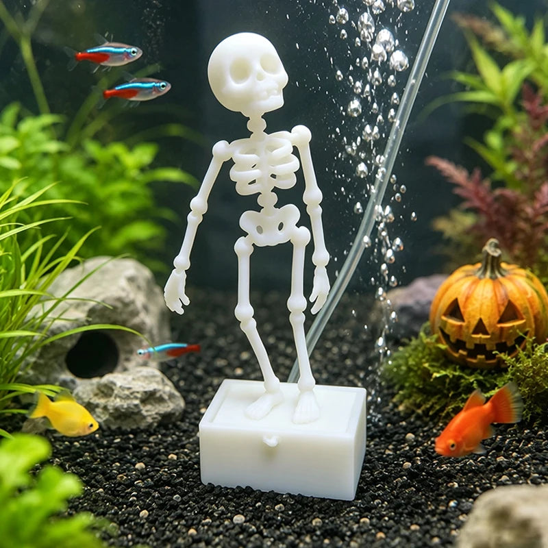 Interactive Bubble Dancing Skeleton Fish Tank Ornament 3D Printed Halloween Decor