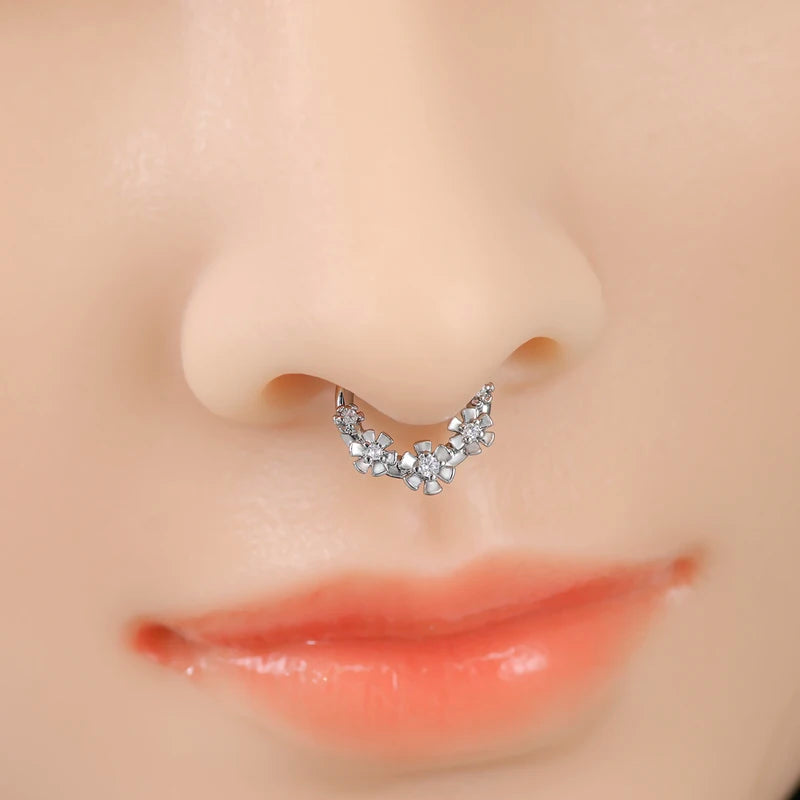Cubic Zirconia Flower Nose Ring - Hinged Segment Septum Clicker Jewelry