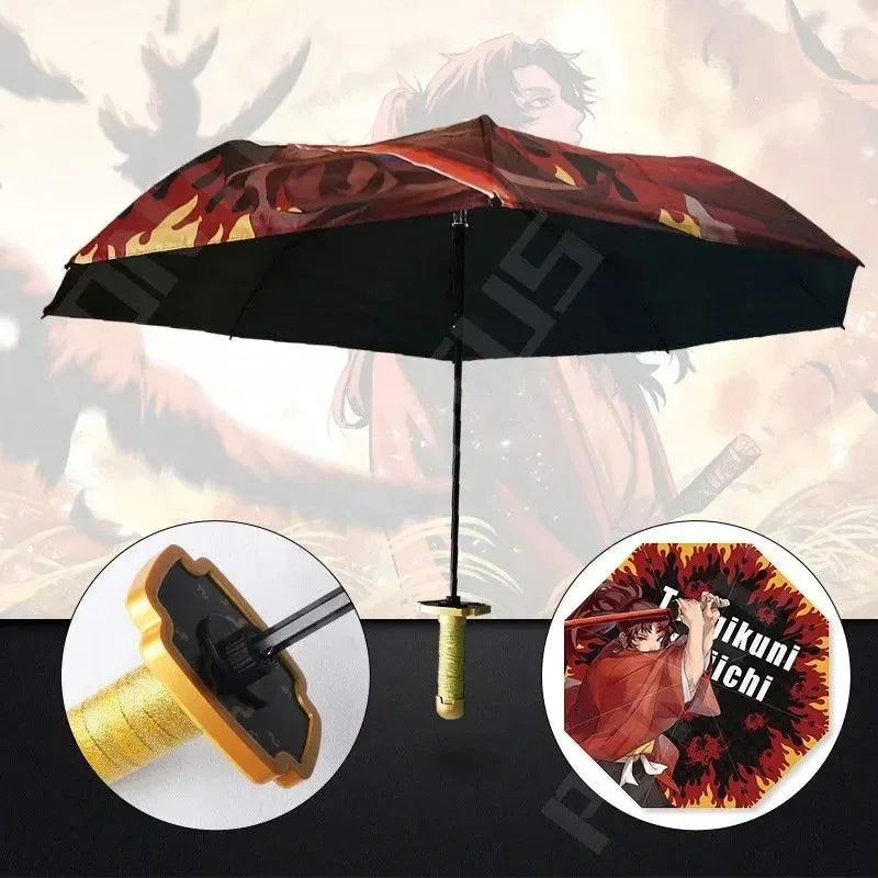 Anime Kokushibo Katana Umbrella 3-Fold Windproof Rain Gear for Demon Slayer Fans