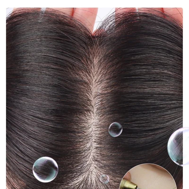Human Hair Topper with Silk Base 9x13cm, Free Part, 4 Clips, Natural Scalp