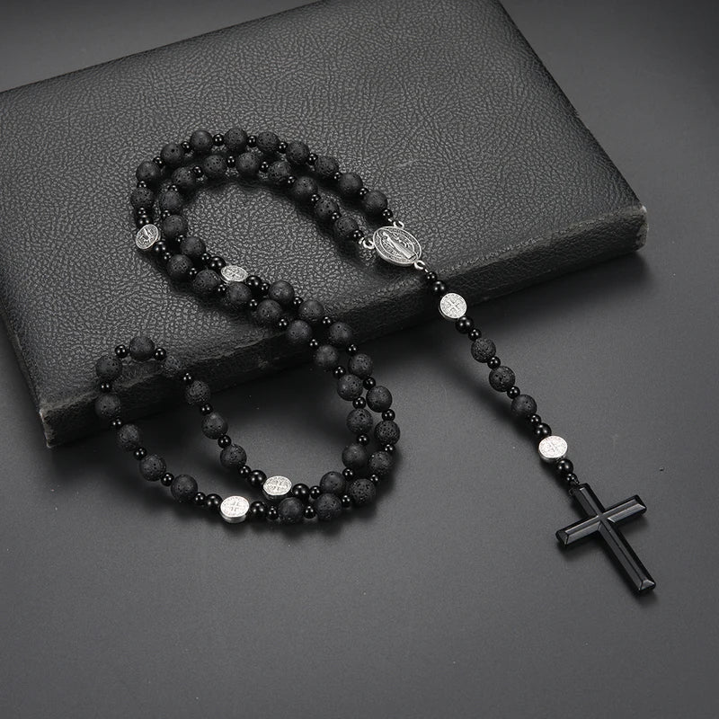 Black Round Beads Saint Benedict Cross Pendant Necklace for Men Women Rosary Gift