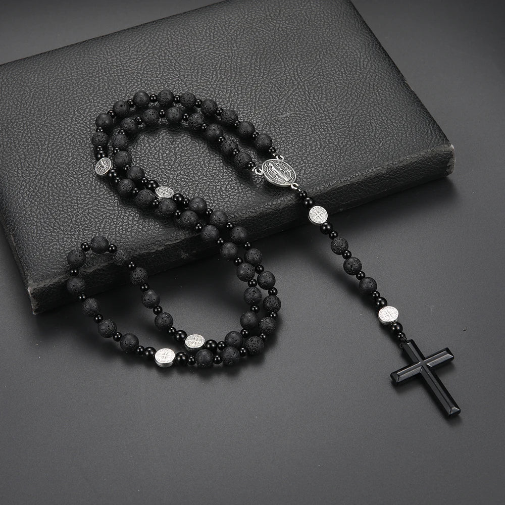 Black Round Beads Saint Benedict Cross Pendant Necklace for Men Women Rosary Gift
