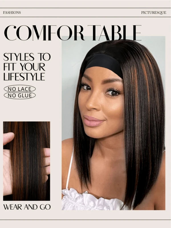 16 Inch Synthetic Headband Wig for Women - Ombre Brown Straight Bob Hair