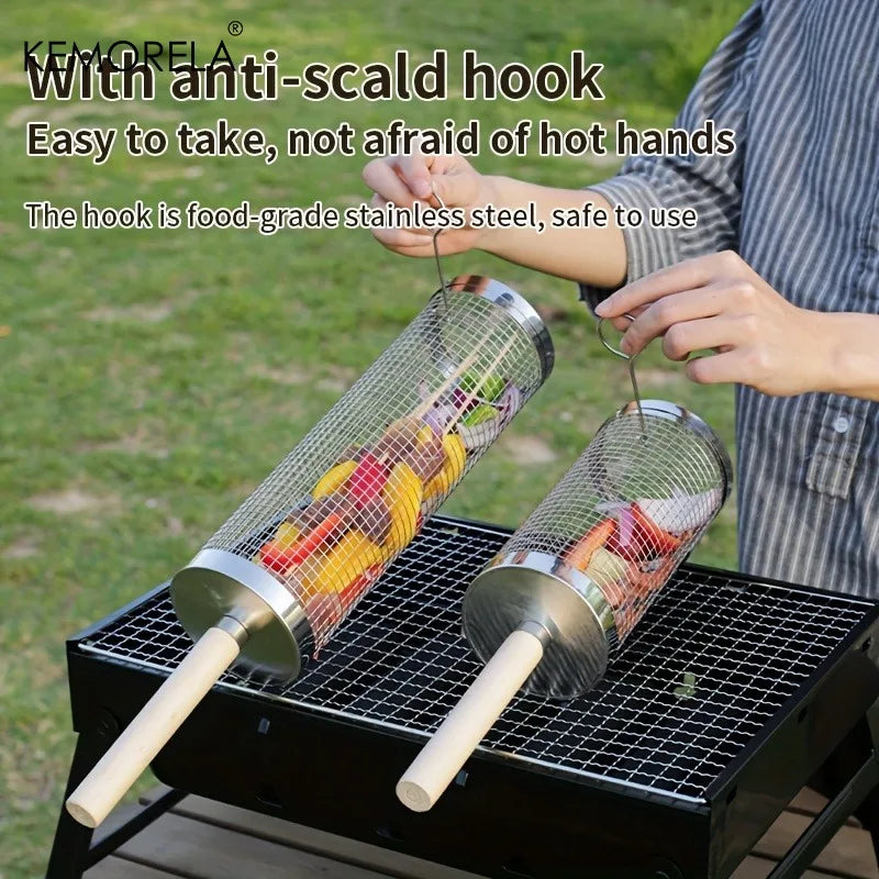 Round BBQ Grill Basket Set - Stainless Steel Outdoor Cooking Cage for Camping & Grilling