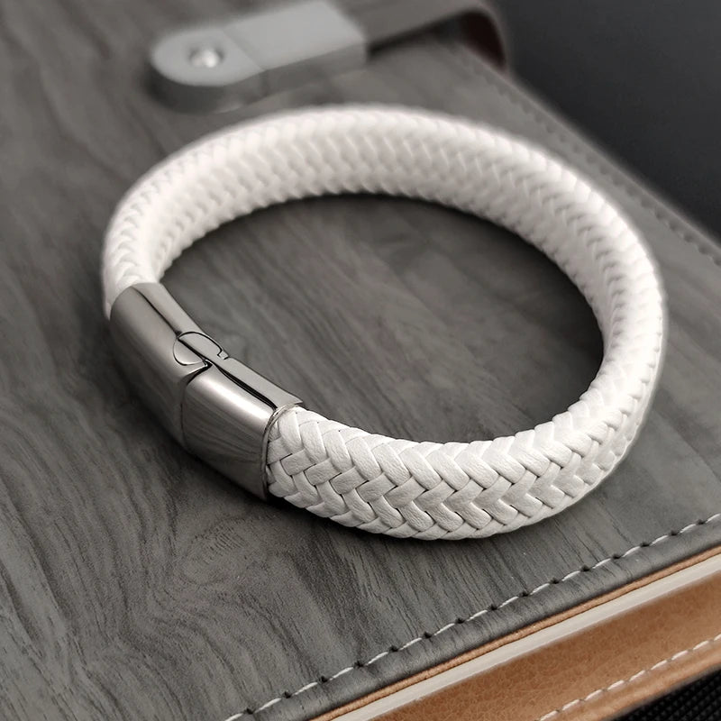Men's Leather Braid Bracelet with Stainless Steel Buckle - Handmade Gift