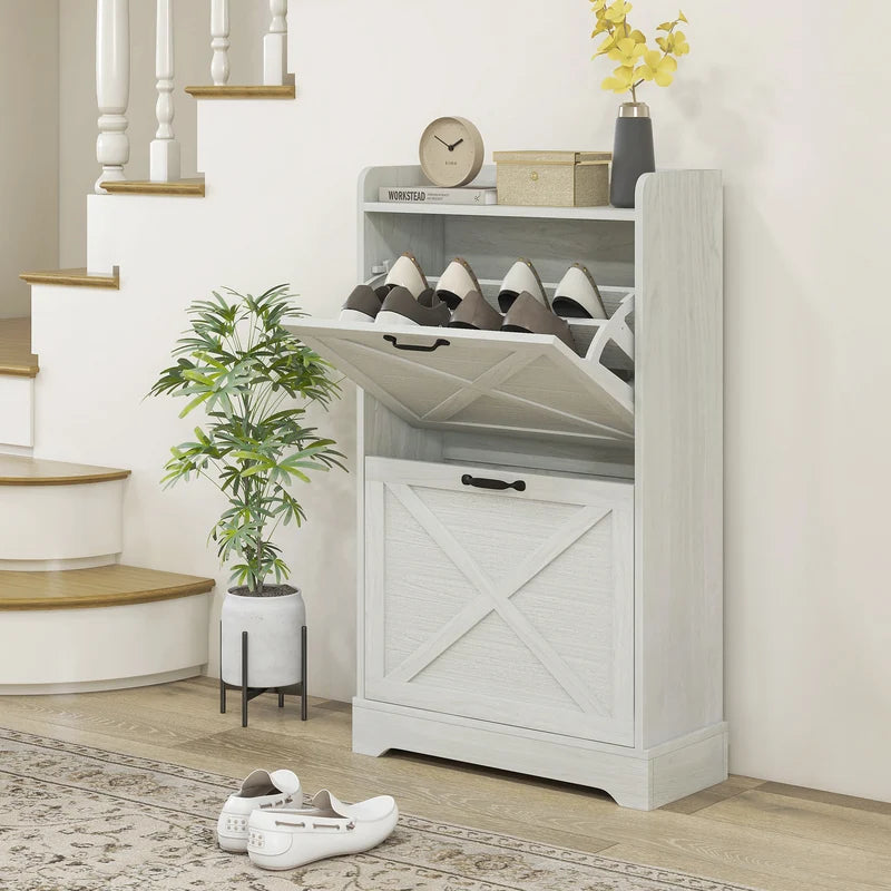 Farmhouse Style Shoe Cabinet with 2 Flip Drawers and Adjustable Shelves, Distressed White Entryway Storage
