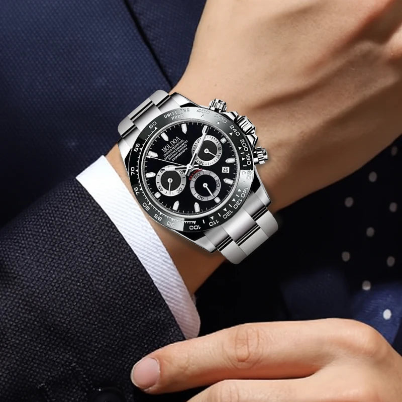 Men's Silver Steel Strap Trendy Business Quartz Watch with Multi-Function