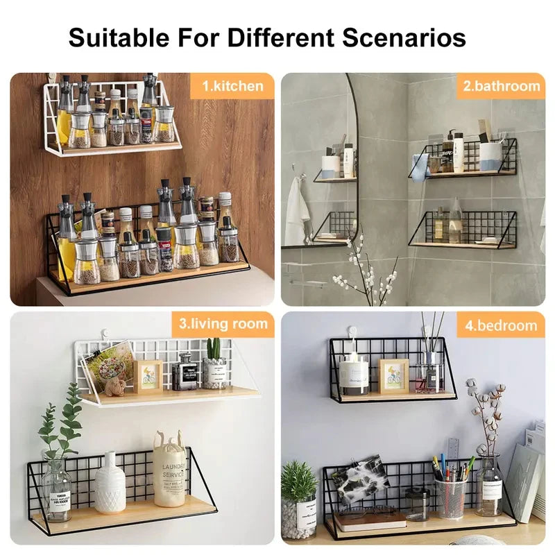Wall Mounted Wooden Shelves Without Drilling for Living Room & Bedroom Storage
