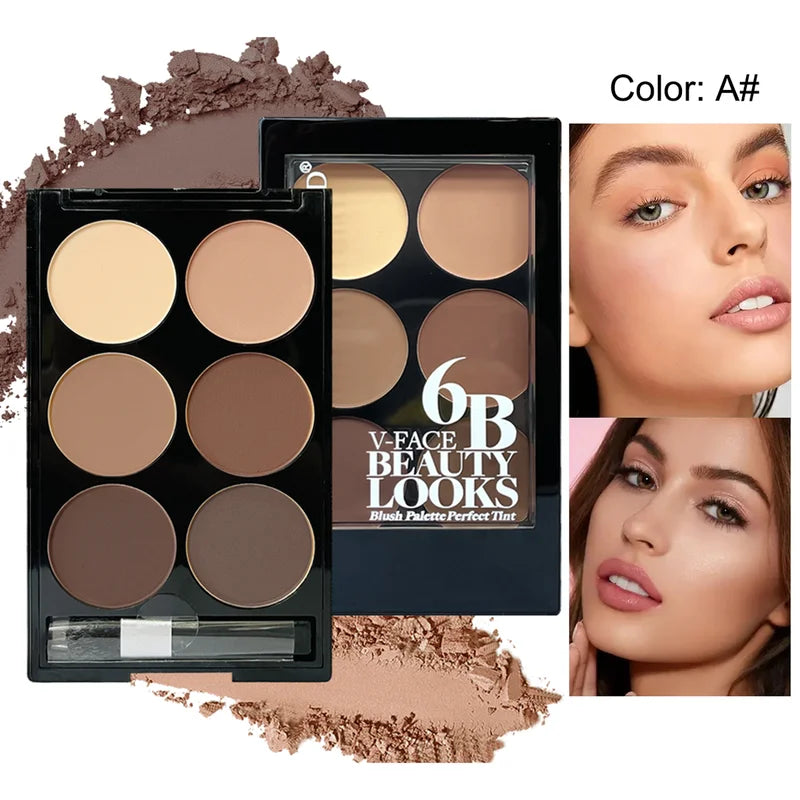 Highlight Contouring Powder Palette - Face Shadow & Bronzer with Brush, 6 Colors