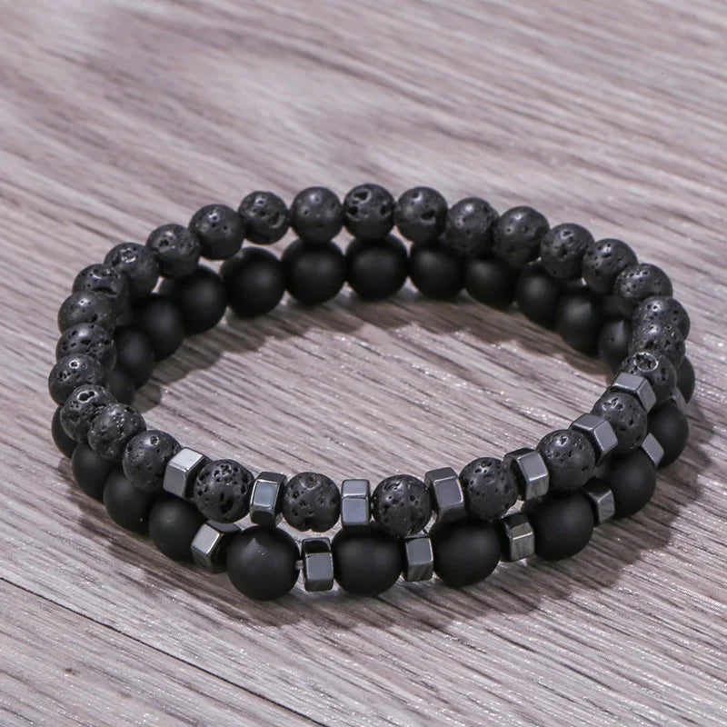 Men's Beaded Bracelet Set - Frosted Black Volcanic Stone Double Layer Jewelry