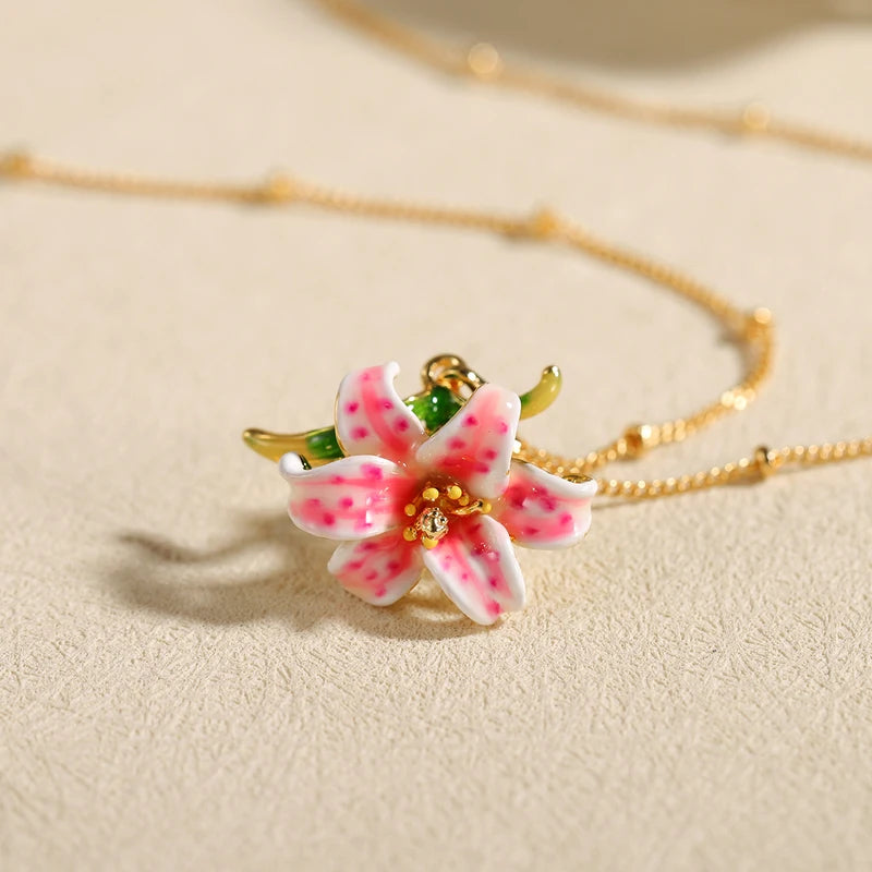 Pink Lily Flower Pendant Necklace for Women - Gold Plated Floral Charm Jewelry