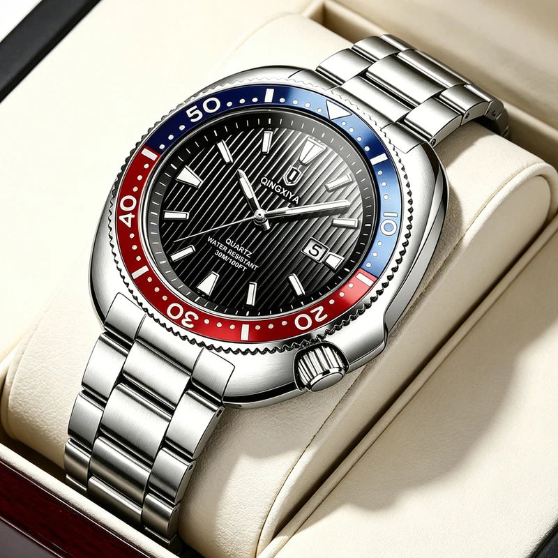 Luxury Men's Quartz Watch with Stainless Steel Band Waterproof Casual Wristwatch