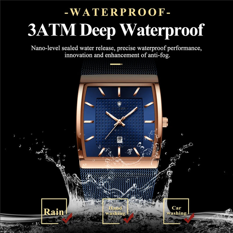 Luxury Square Quartz Wristwatch for Men - Rose Gold Automatic Blue Dial