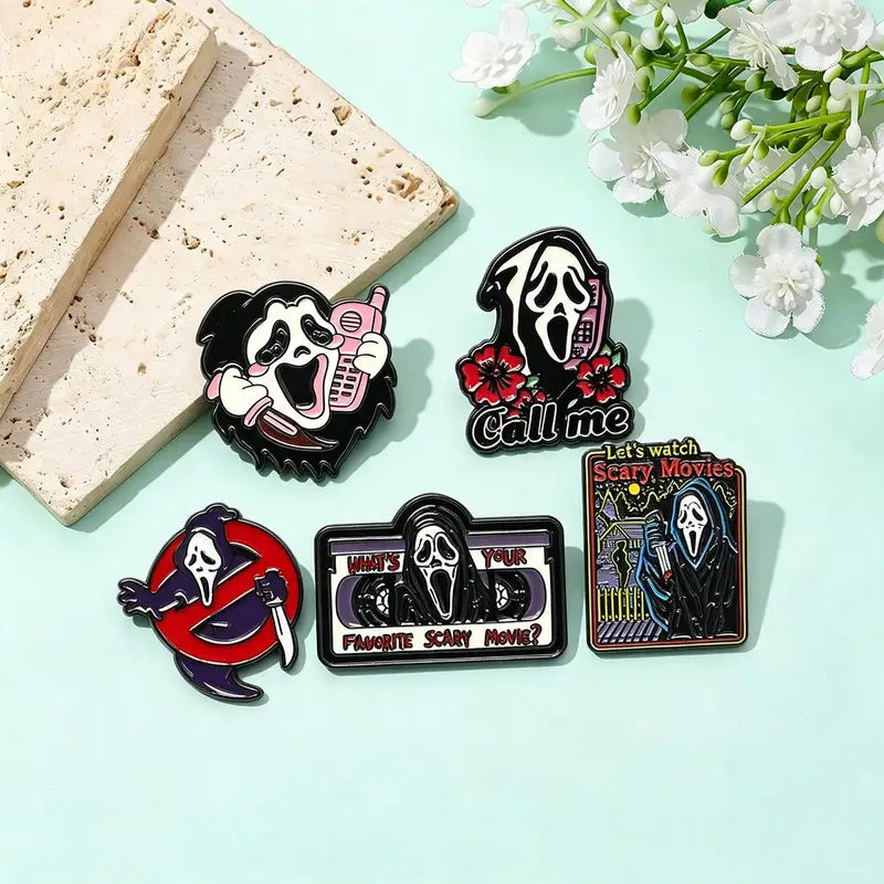 5-Piece Gothic Skull Enamel Brooch Set - Punk Metal Badge Jewelry Halloween Gifts