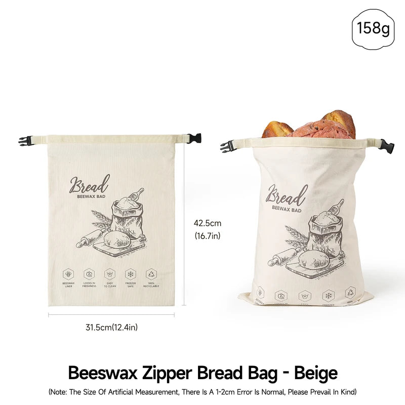 Reusable Beeswax Bread Bag with Zipper - Food-Grade Sandwich Storage
